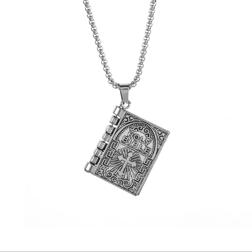 $5 BIBLE NECKLACE WITH TURNING PAGES. SILVER. NEW. $5 IF BUNDLED - Picture 3 of 12